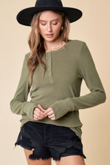 Olive Button Front Soft Knit Long Sleeve Henley Top