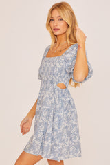 Dusty Blue Smocked Bodice Mini Dress