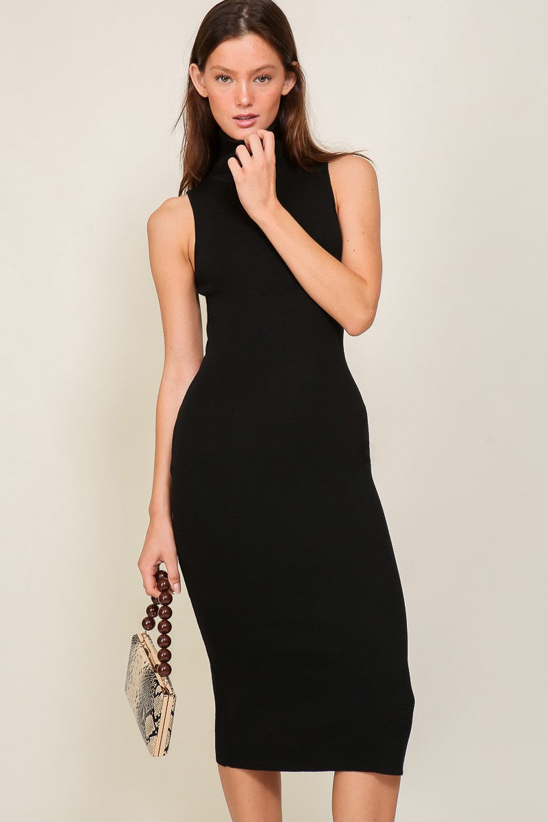 Black Knit Fitted Turtleneck Midi Dress