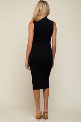 Black Knit Fitted Turtleneck Maternity Midi Dress