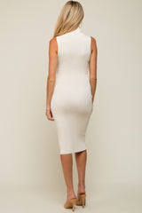 Cream Knit Fitted Turtleneck Maternity Midi Dress