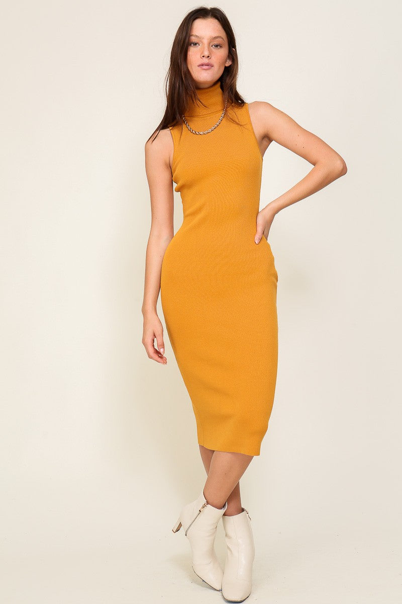 Mustard Knit Fitted Turtleneck Maternity Midi Dress