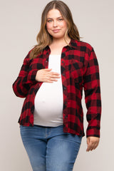 Red Checkered Maternity Plus Long Sleeve Button Down Top