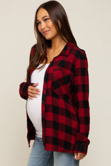 Red Checkered Maternity Long Sleeve Button Down Top