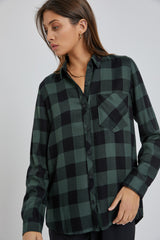 Forest Green Checkered Long Sleeve Button Down Top