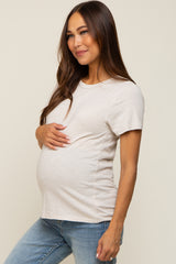 Beige Slub Knit Cropped Maternity T-Shirt