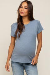 Blue Slub Knit Cropped Maternity T-Shirt