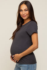 Charcoal Slub Knit Cropped Maternity T-Shirt