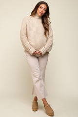 Beige Chunky Knit Mock Neck Maternity Sweater