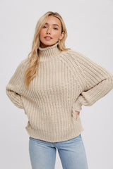 Beige Chunky Knit Mock Neck Sweater