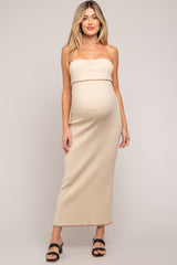 Beige Strapless Fold Over Lettuce Trim Maternity Maxi Dress