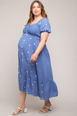 Blue Floral Embroidered Smocked Plus Maternity Maxi Dress