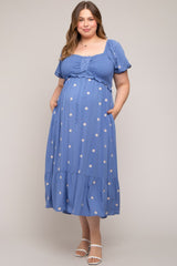 Blue Floral Embroidered Smocked Plus Maternity Maxi Dress