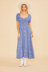 Blue Floral Embroidered Smocked Maternity Maxi Dress