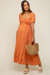 Rust Floral Embroidered Smocked Maternity Maxi Dress