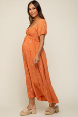 Rust Floral Embroidered Smocked Maternity Maxi Dress