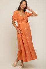 Rust Floral Embroidered Smocked Maternity Maxi Dress