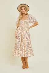 Cream Floral Puff Sleeve Tiered Maternity Midi Dress