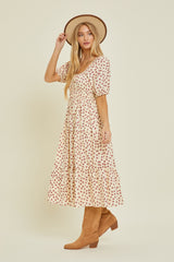 Cream Floral Puff Sleeve Tiered Midi Dress