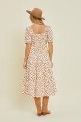 Cream Floral Puff Sleeve Tiered Midi Dress