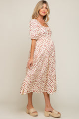 Cream Floral Puff Sleeve Tiered Maternity Midi Dress