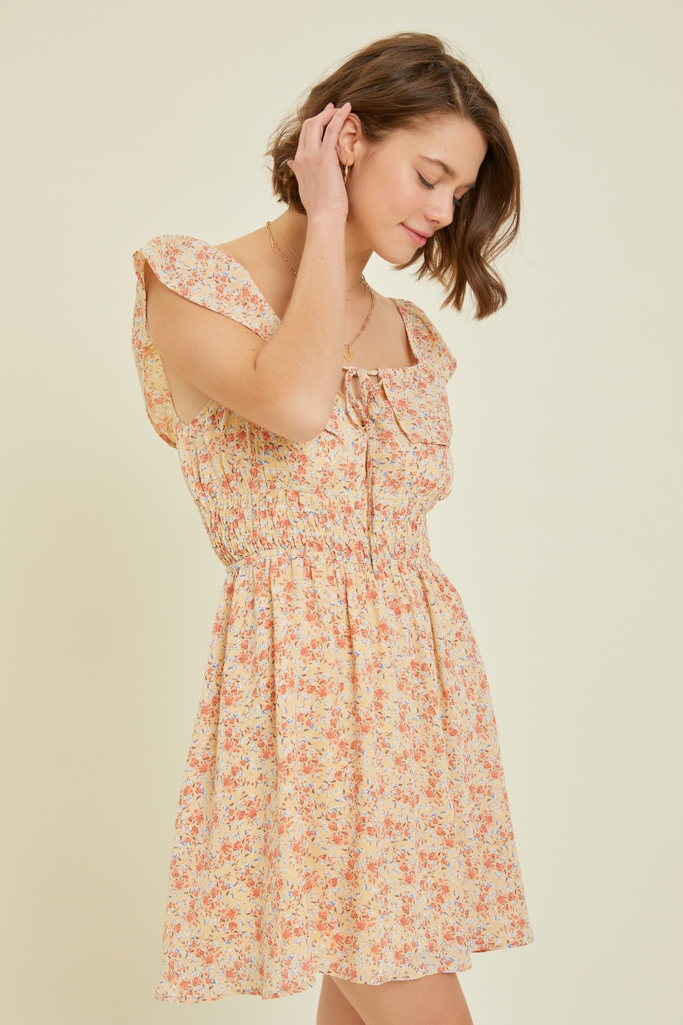 Beige Convertible Floral Off-Shoulder Mini Dress