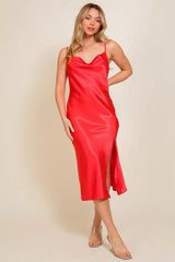 Red Satin Cowl Neck Midi Dress With Slit