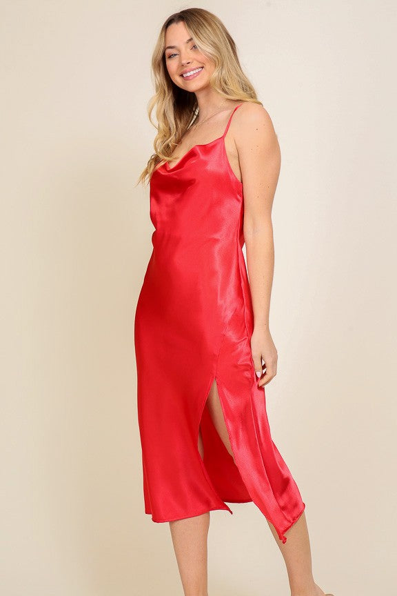 Red Satin Cowl Neck Midi Dress With Slit