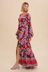 Black Floral Long Sleeve Tiered Maxi Dress