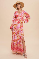 Pink Floral Long Sleeve Tiered Maternity Maxi Dress