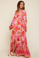 Pink Floral Long Sleeve Tiered Maternity Maxi Dress