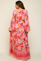 Pink Floral Long Sleeve Tiered Maternity Maxi Dress