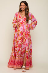 Pink Floral Long Sleeve Tiered Maternity Maxi Dress