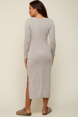 Grey Rib Knit Front Button Maternity Midi Dress