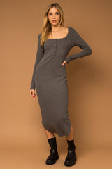 Charcoal Ribbed Front Button Maternity Midi Dress