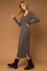 Charcoal Ribbed Front Button Midi Dress