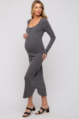 Charcoal Ribbed Front Button Maternity Midi Dress