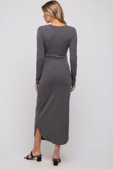 Charcoal Ribbed Front Button Maternity Midi Dress