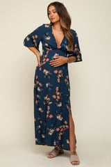 Dark Teal Floral Deep V-Neck Short Sleeve Front Slit Maternity Maxi Dress