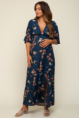 Dark Teal Floral Deep V-Neck Short Sleeve Front Slit Maternity Maxi Dress