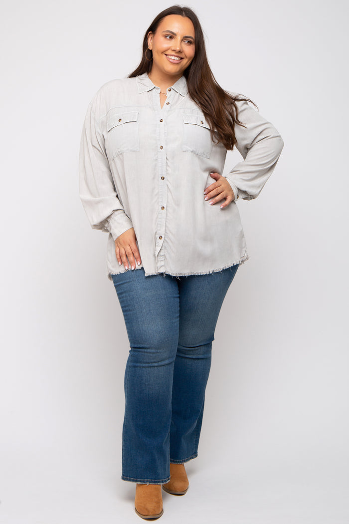 Grey Button Up Fringe Hem Plus Top