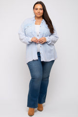 Light Blue Button Up Fringe Hem Maternity Plus Top