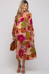 Mocha Floral Long Sleeve Maternity Midi Dress