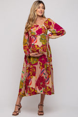 Mocha Floral Long Sleeve Maternity Midi Dress