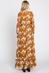 Camel Floral Chiffon Balloon Sleeve Maxi Dress