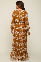 Camel Floral Chiffon Balloon Sleeve Maternity Maxi Dress