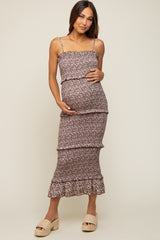 Brown Floral Smocked Ruffle Tier Maternity Midi Dress