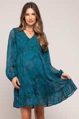 Teal Printed Smocked Long Sleeve Maternity Dress