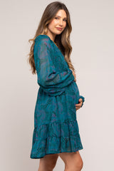 Teal Printed Smocked Long Sleeve Maternity Dress