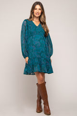 Teal Printed Smocked Long Sleeve Maternity Dress